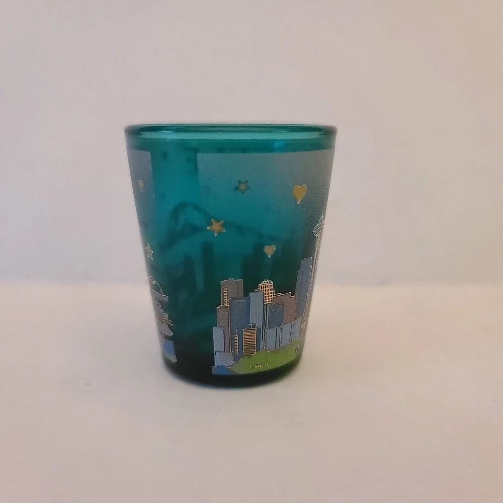 Seattle Washington Mountain Skyline Teal Shot Glass
